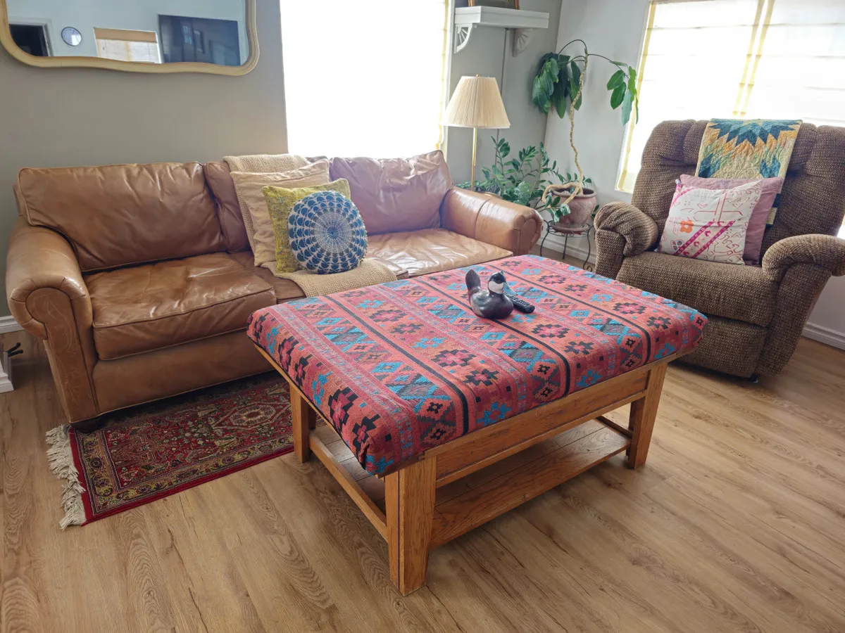 A comfortable living room arrangement with a leather sofa, colorful ottoman, decorative pillows, a lush houseplant, and a glowing table lamp. The layout is open and conducive to group activities like game nights or relaxed conversation.